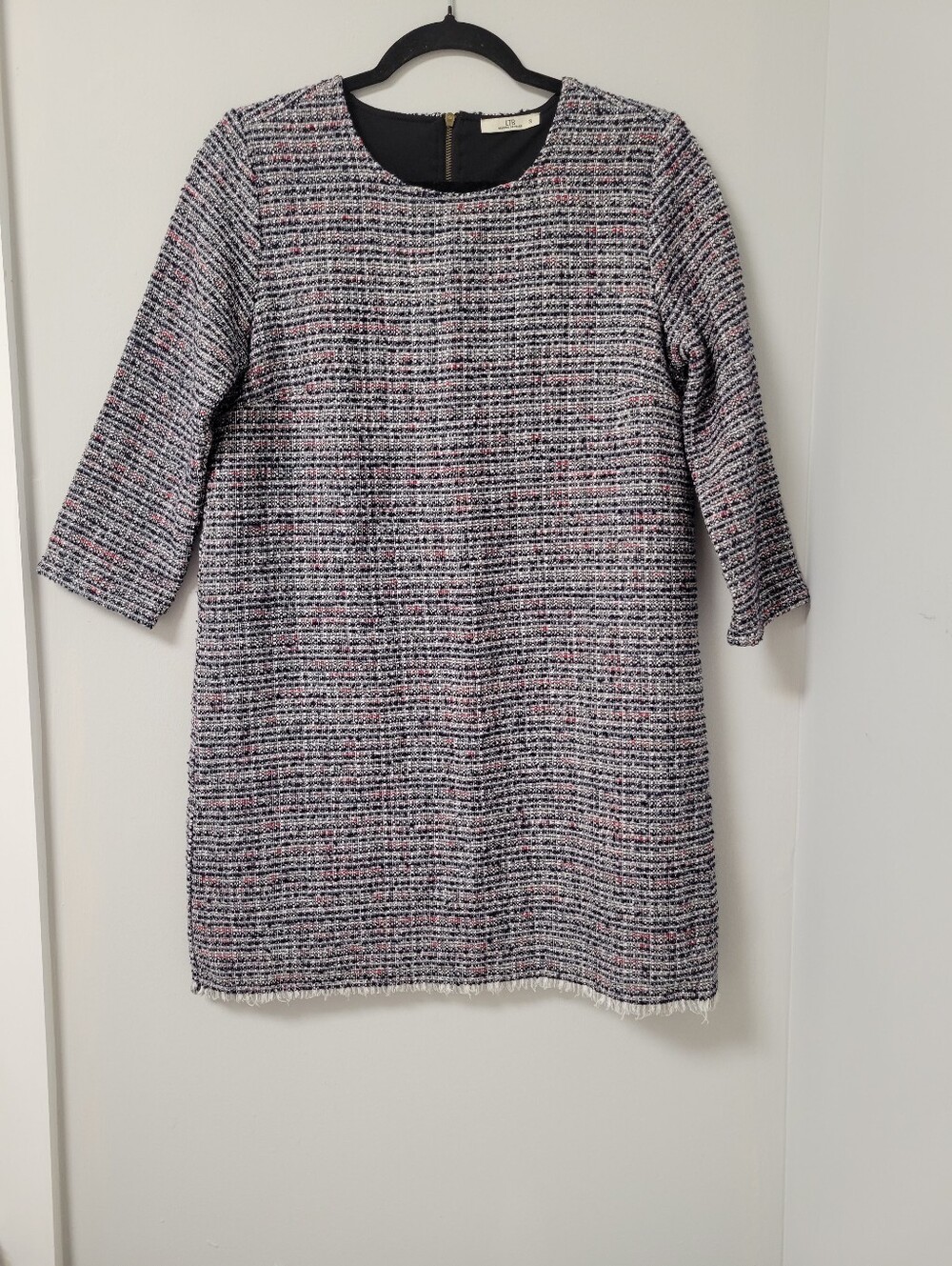 LTB Genuine Denim Co Tweed Boucle Shift Dress Fringe Hem Size S